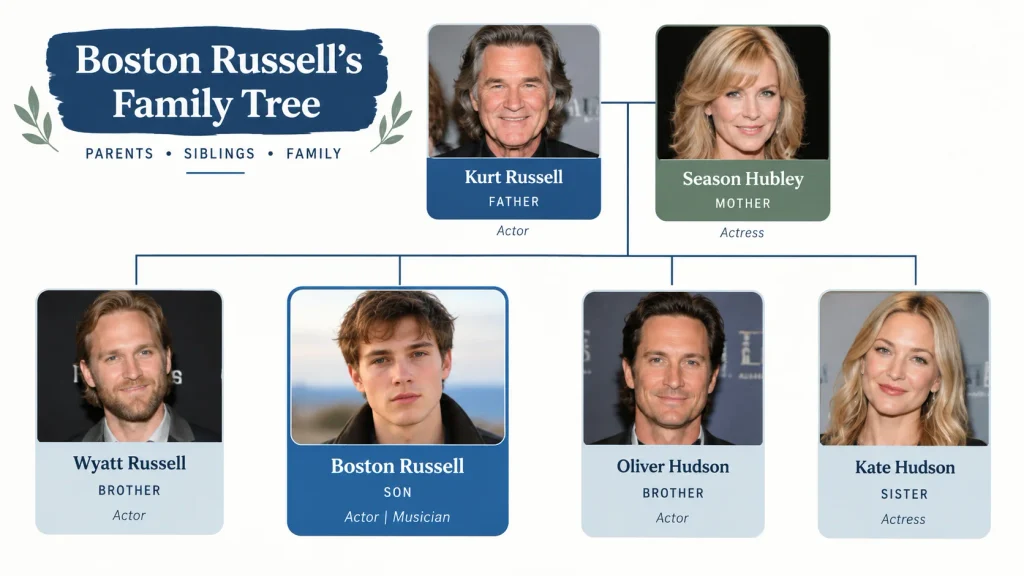 Boston Russell family tree: Boston is the son of Kurt Russell and Season Hubley; Kurt's partner Goldie Hawn is the mother of Wyatt Russell, Kate Hudson and Oliver Hudson.